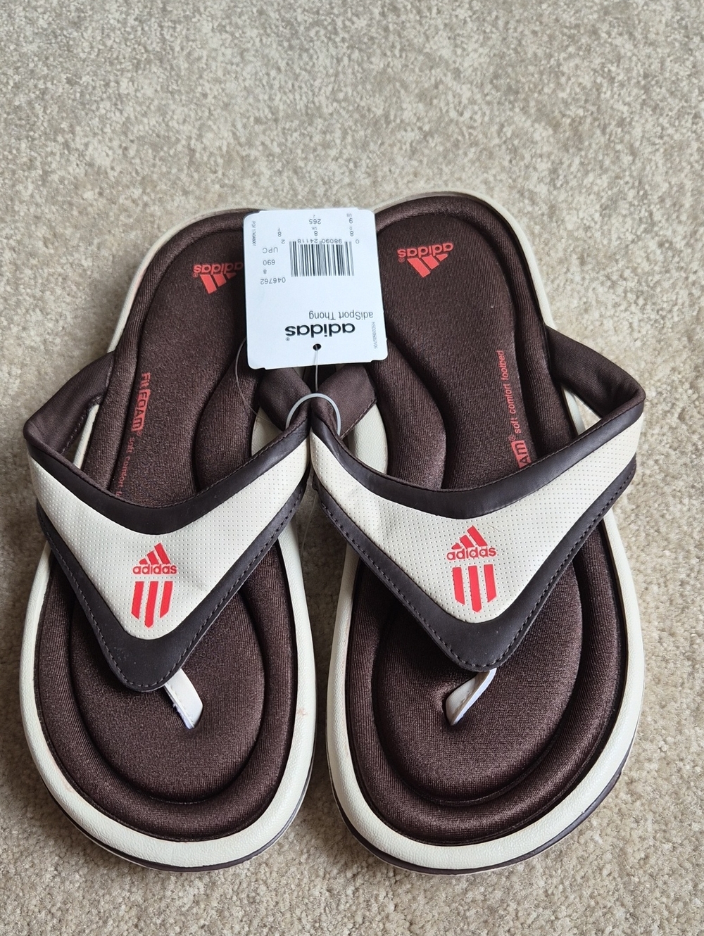 adidas Brown and Cream Flip Flop Sandals with Red Logo